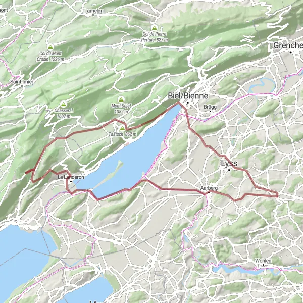 Kartminiatyr av "Seedorf til Lyss Grusvei Opplevelse" sykkelinspirasjon i Espace Mittelland, Switzerland. Generert av Tarmacs.app sykkelrutoplanlegger