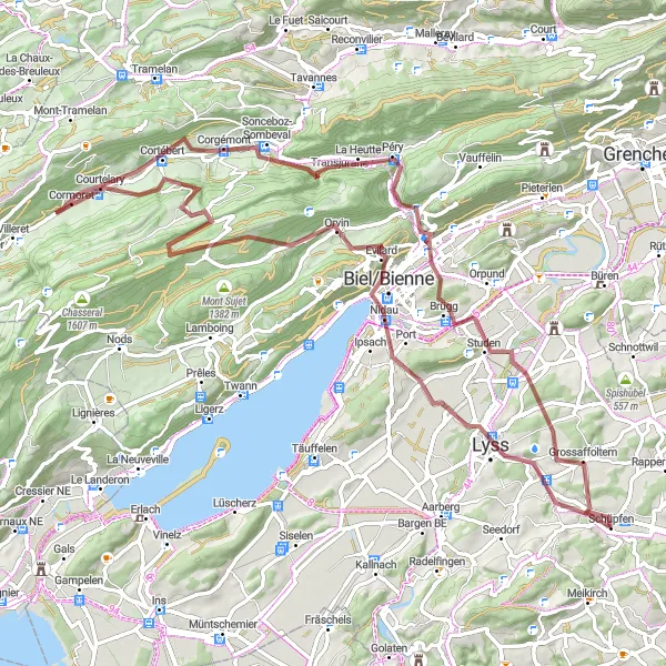 Miniature de la carte de l'inspiration cycliste "Découverte des chemins de gravier autour de Bienne" dans la Espace Mittelland, Switzerland. Générée par le planificateur d'itinéraire cycliste Tarmacs.app