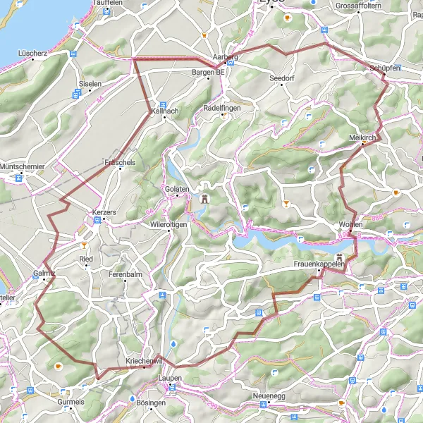Miniatua del mapa de inspiración ciclista "Ruta de Ciclismo de Grava Fräschels" en Espace Mittelland, Switzerland. Generado por Tarmacs.app planificador de rutas ciclistas