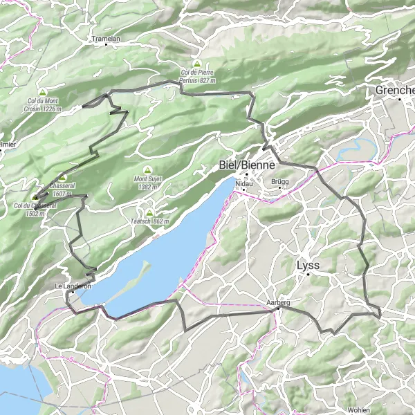 Kartminiatyr av "Chasseral Rundtur" sykkelinspirasjon i Espace Mittelland, Switzerland. Generert av Tarmacs.app sykkelrutoplanlegger