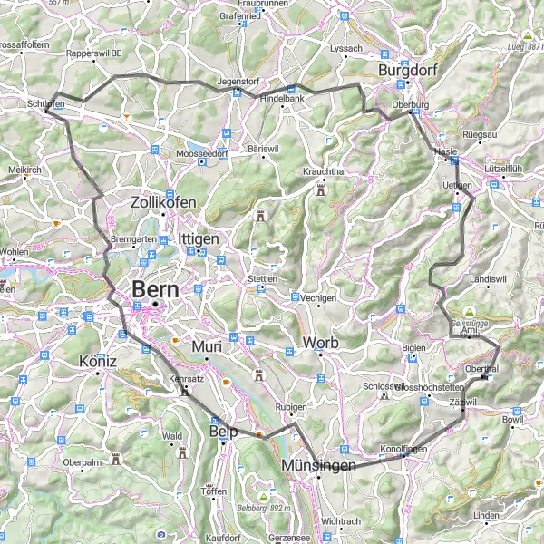 Kartminiatyr av "Sjarmerende Landsbyvei Utforskning" sykkelinspirasjon i Espace Mittelland, Switzerland. Generert av Tarmacs.app sykkelrutoplanlegger