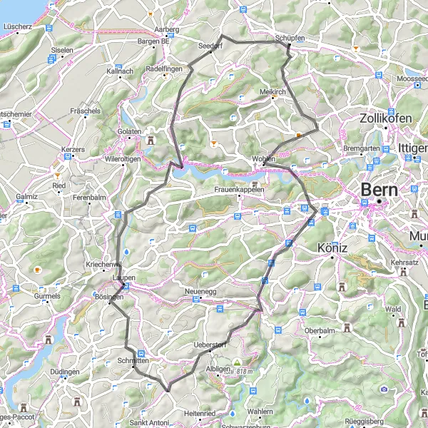 Miniatura della mappa di ispirazione al ciclismo "Percorso in bicicletta stradale tra le campagne di Schüpfen" nella regione di Espace Mittelland, Switzerland. Generata da Tarmacs.app, pianificatore di rotte ciclistiche