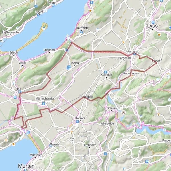 Miniaturní mapa "Müntschemier Gravel Challenge" inspirace pro cyklisty v oblasti Espace Mittelland, Switzerland. Vytvořeno pomocí plánovače tras Tarmacs.app