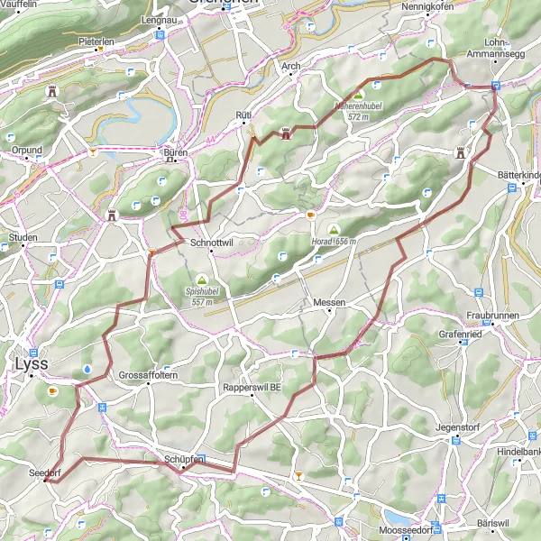 Karttaminiaatyyri "Gravel-seikkailu Diessbachin ympäri" pyöräilyinspiraatiosta alueella Espace Mittelland, Switzerland. Luotu Tarmacs.app pyöräilyreittisuunnittelijalla