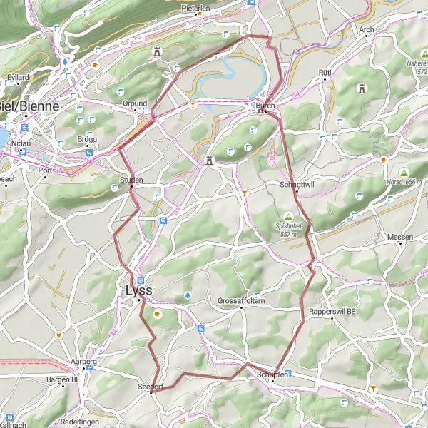 Map miniature of "Exploring Lyss and Beyond" cycling inspiration in Espace Mittelland, Switzerland. Generated by Tarmacs.app cycling route planner