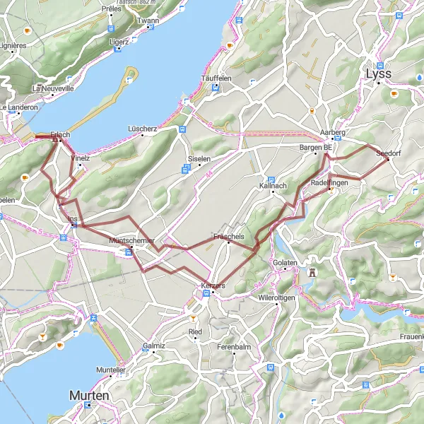 Miniatura della mappa di ispirazione al ciclismo "Tour in bicicletta da Seedorf a Aarberg attraverso il Lago Bienne" nella regione di Espace Mittelland, Switzerland. Generata da Tarmacs.app, pianificatore di rotte ciclistiche