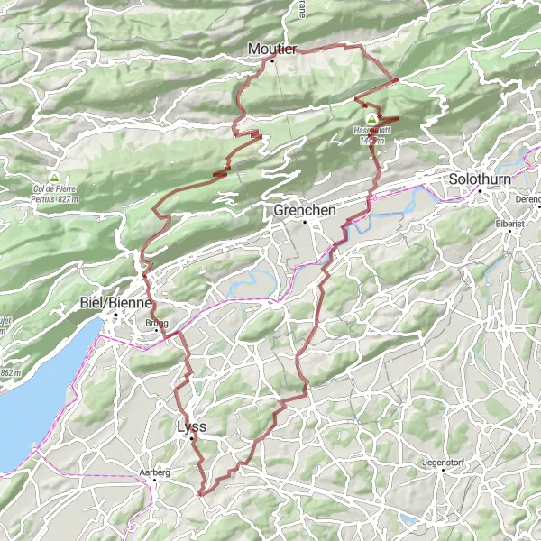 Map miniature of "Lyss to Baggwil Gravel Route" cycling inspiration in Espace Mittelland, Switzerland. Generated by Tarmacs.app cycling route planner