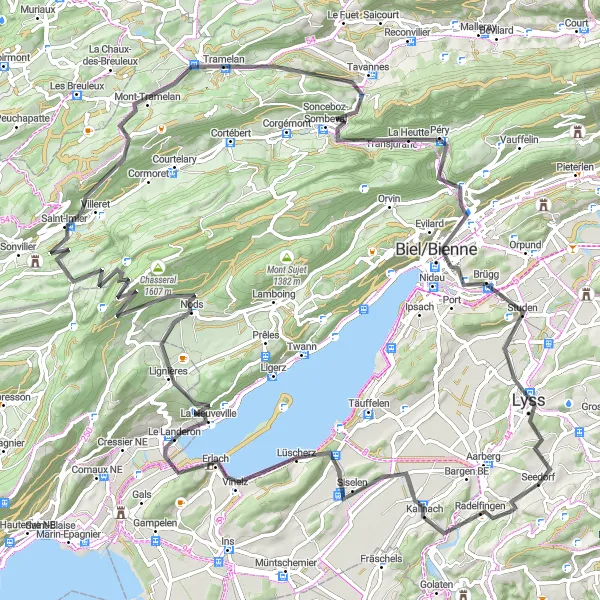 Miniatua del mapa de inspiración ciclista "Ruta en Carretera a través de Kallnach y Erlach" en Espace Mittelland, Switzerland. Generado por Tarmacs.app planificador de rutas ciclistas