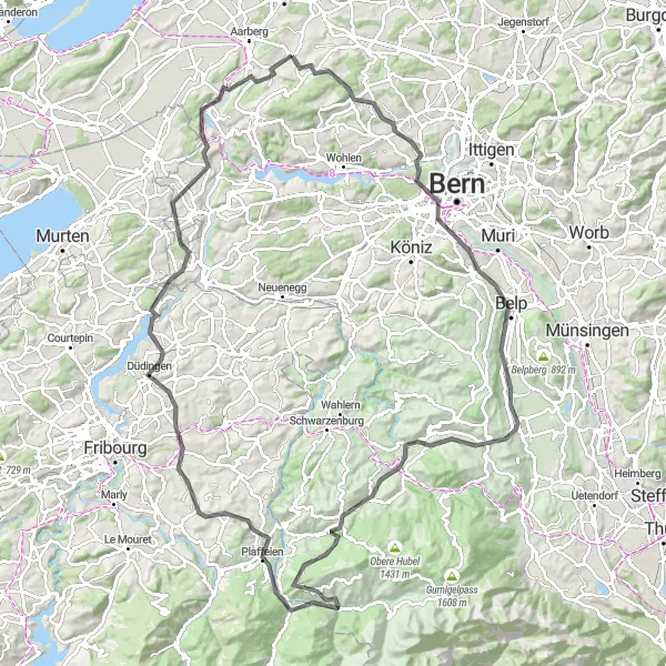 Kartminiatyr av "Eventyr gjennom vakker natur og historiske steder" sykkelinspirasjon i Espace Mittelland, Switzerland. Generert av Tarmacs.app sykkelrutoplanlegger