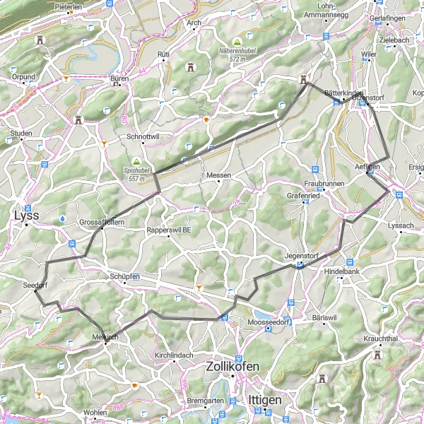 Zemljevid v pomanjšavi "Pozdrav soseski Grossaffoltern" kolesarske inspiracije v Espace Mittelland, Switzerland. Generirano z načrtovalcem kolesarskih poti Tarmacs.app