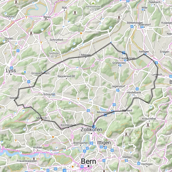 Miniatua del mapa de inspiración ciclista "Ruta de carretera Messen - Fraubrunnen - Haselberg - Kirchlindach - Frienisberg" en Espace Mittelland, Switzerland. Generado por Tarmacs.app planificador de rutas ciclistas
