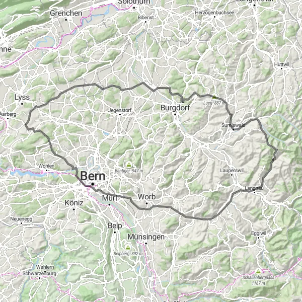 Miniatua del mapa de inspiración ciclista "Ruta de carretera Messen - Aefligen - Längeberg - Lueg - Sumiswald - Rislauhoger - Langnau - Grosshöchstetten - Denteberg - Mirador - Meikirch" en Espace Mittelland, Switzerland. Generado por Tarmacs.app planificador de rutas ciclistas