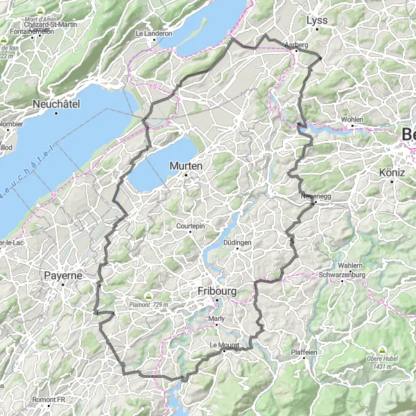 Zemljevid v pomanjšavi "Velika cestna potepanja v okolici Seedorfa" kolesarske inspiracije v Espace Mittelland, Switzerland. Generirano z načrtovalcem kolesarskih poti Tarmacs.app