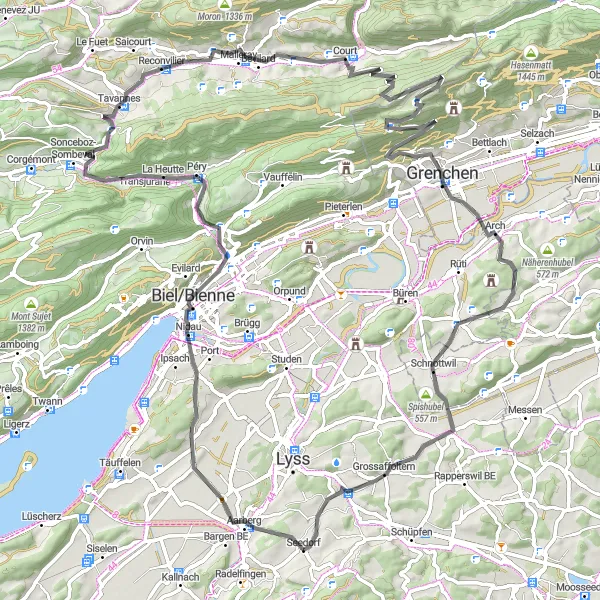 Miniatua del mapa de inspiración ciclista "Ruta de ciclismo de carretera hacia Aarberg y Tavannes" en Espace Mittelland, Switzerland. Generado por Tarmacs.app planificador de rutas ciclistas