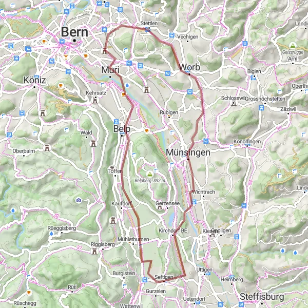 Kartminiatyr av "Gravelopplevelser fra Toffen til Noflen BE" sykkelinspirasjon i Espace Mittelland, Switzerland. Generert av Tarmacs.app sykkelrutoplanlegger