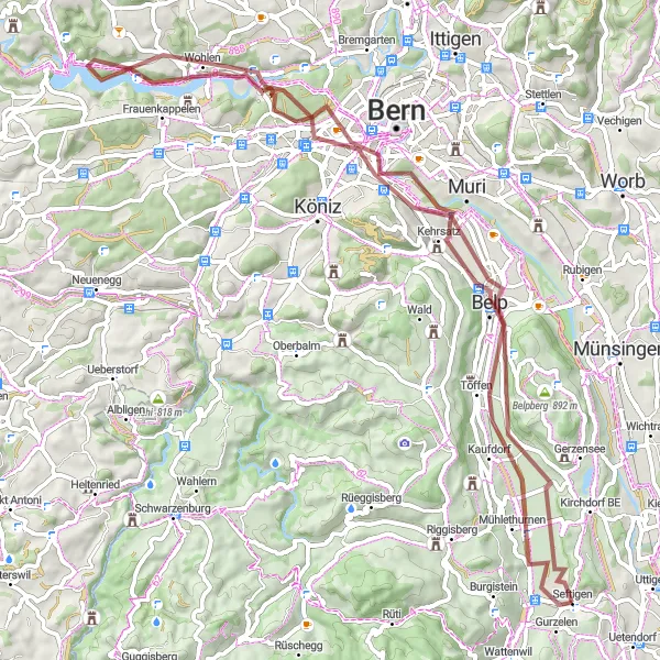 Zemljevid v pomanjšavi "Pohodna kolesarska pot od Toffena do Gelterfingena" kolesarske inspiracije v Espace Mittelland, Switzerland. Generirano z načrtovalcem kolesarskih poti Tarmacs.app