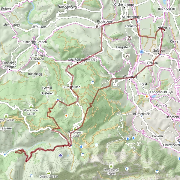 Map miniature of "Mühlethurnen and Schwefelbergbad Gravel Adventure" cycling inspiration in Espace Mittelland, Switzerland. Generated by Tarmacs.app cycling route planner