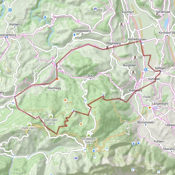 Mapa miniatúra "Gravel okruh cez Rüschegg" cyklistická inšpirácia v Espace Mittelland, Switzerland. Vygenerované cyklistickým plánovačom trás Tarmacs.app