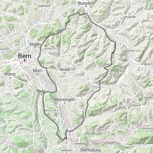 Karttaminiaatyyri "Seftigen - Kirchdorf BE - Belp - Ostermundigeberg - Eyberg - Hasle - Blasenfluh - Freimettigen - Jaberg - Seftigen" pyöräilyinspiraatiosta alueella Espace Mittelland, Switzerland. Luotu Tarmacs.app pyöräilyreittisuunnittelijalla