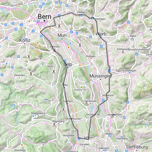 Map miniature of "Seftigen to Belp and back" cycling inspiration in Espace Mittelland, Switzerland. Generated by Tarmacs.app cycling route planner