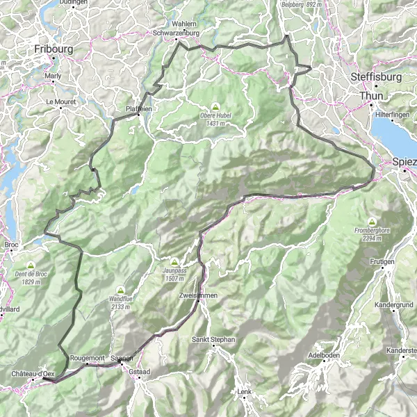 Map miniature of "Seftigen to Mont Chupiaô Road Cycling Challenge" cycling inspiration in Espace Mittelland, Switzerland. Generated by Tarmacs.app cycling route planner