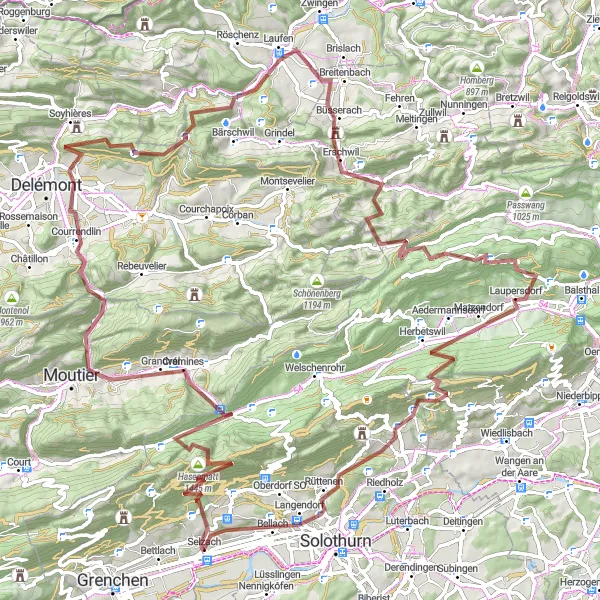 Kartminiatyr av "Utforsk utfordrende grusveier og fantastiske utsiktspunkter" sykkelinspirasjon i Espace Mittelland, Switzerland. Generert av Tarmacs.app sykkelrutoplanlegger