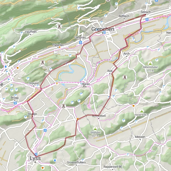 Zemljevid v pomanjšavi "Razgiban in zanimiv Gravel krog" kolesarske inspiracije v Espace Mittelland, Switzerland. Generirano z načrtovalcem kolesarskih poti Tarmacs.app