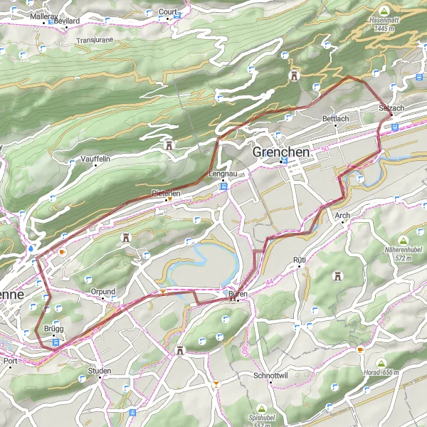Miniatua del mapa de inspiración ciclista "Ruta de Ciclismo de Grava cerca de Selzach" en Espace Mittelland, Switzerland. Generado por Tarmacs.app planificador de rutas ciclistas