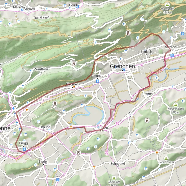 Mapa miniatúra "Gravelová trasa okolo Selzach" cyklistická inšpirácia v Espace Mittelland, Switzerland. Vygenerované cyklistickým plánovačom trás Tarmacs.app