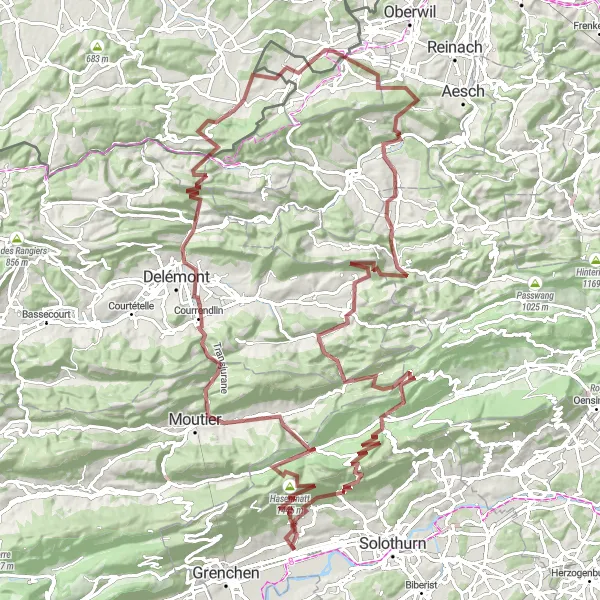 Miniature de la carte de l'inspiration cycliste "Grande Boucle des Montagnes Jurassiennes" dans la Espace Mittelland, Switzerland. Générée par le planificateur d'itinéraire cycliste Tarmacs.app