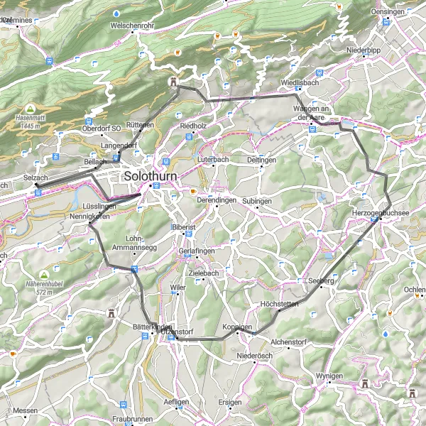 Miniaturní mapa "Road cyklotrasa Rehhubel - Hunnenberg" inspirace pro cyklisty v oblasti Espace Mittelland, Switzerland. Vytvořeno pomocí plánovače tras Tarmacs.app