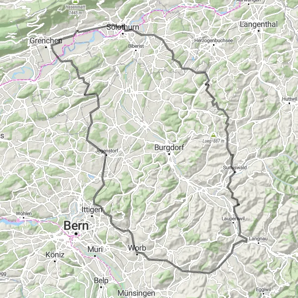 Miniaturní mapa "Road Trasa přes Solothurn a Chutze" inspirace pro cyklisty v oblasti Espace Mittelland, Switzerland. Vytvořeno pomocí plánovače tras Tarmacs.app