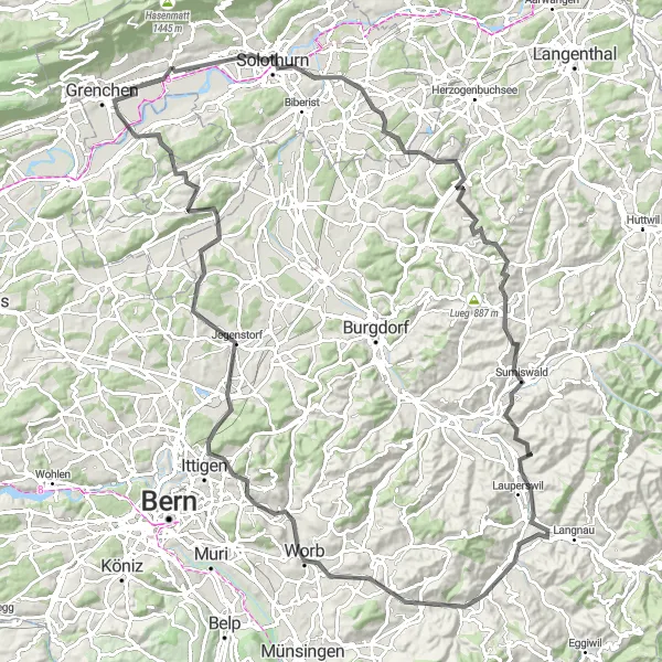 Karttaminiaatyyri "Selzach - Solothurn - Oberbüelchnubu - Grosshöchstetten - Chutze - Bettlach" pyöräilyinspiraatiosta alueella Espace Mittelland, Switzerland. Luotu Tarmacs.app pyöräilyreittisuunnittelijalla