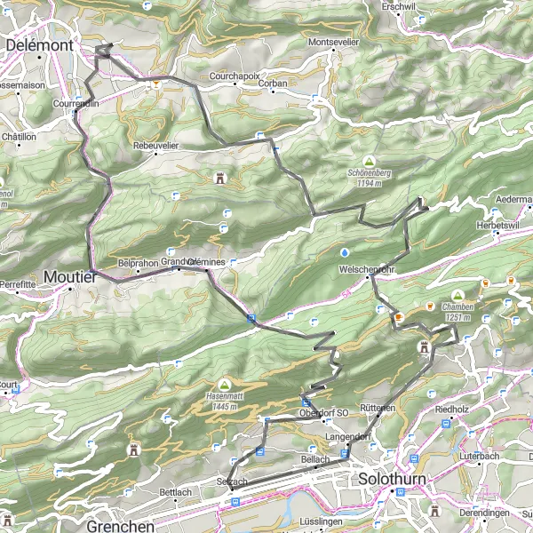 Kartminiatyr av "Rundtur fra Selzach til Oberdorf SO og Günsberg" sykkelinspirasjon i Espace Mittelland, Switzerland. Generert av Tarmacs.app sykkelrutoplanlegger