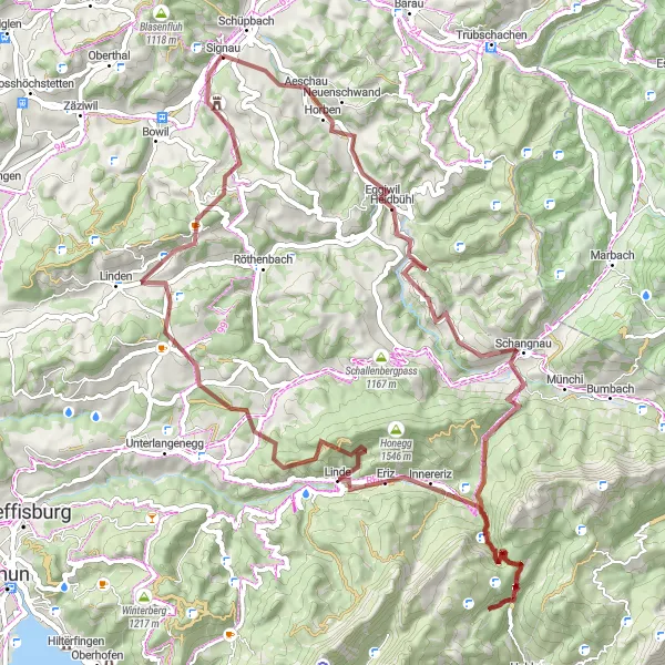 Karten-Miniaturansicht der Radinspiration "Gravelabenteuer durch Signau und Chnubeli" in Espace Mittelland, Switzerland. Erstellt vom Tarmacs.app-Routenplaner für Radtouren