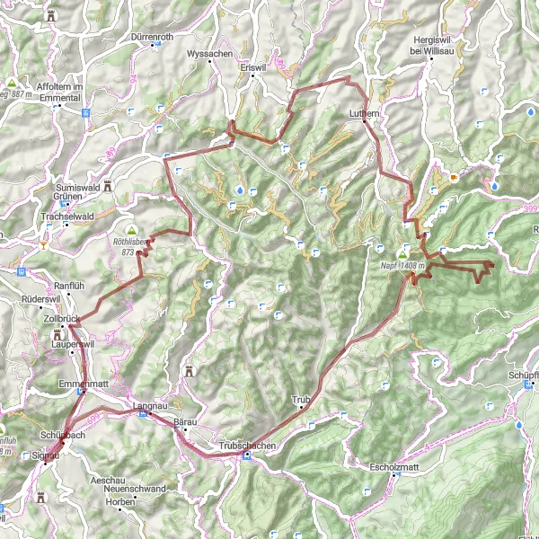 Miniatura della mappa di ispirazione al ciclismo "Tour in bicicletta Gravel 87 km da Signau" nella regione di Espace Mittelland, Switzerland. Generata da Tarmacs.app, pianificatore di rotte ciclistiche