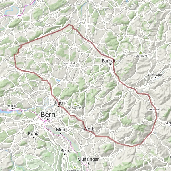 Mapa miniatúra "Gravelový výlet okolo Signau" cyklistická inšpirácia v Espace Mittelland, Switzerland. Vygenerované cyklistickým plánovačom trás Tarmacs.app