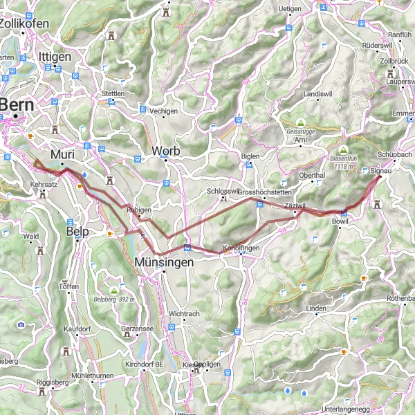 Miniature de la carte de l'inspiration cycliste "Itinéraire gravel à travers Muri et Zäziwil" dans la Espace Mittelland, Switzerland. Générée par le planificateur d'itinéraire cycliste Tarmacs.app