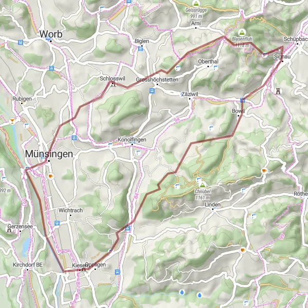 Miniature de la carte de l'inspiration cycliste "Traversée gravel jusqu'à Grosshöchstetten" dans la Espace Mittelland, Switzerland. Générée par le planificateur d'itinéraire cycliste Tarmacs.app