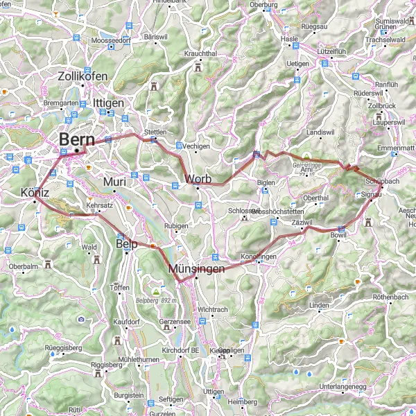 Zemljevid v pomanjšavi "Pohodna pot okoli Signaua" kolesarske inspiracije v Espace Mittelland, Switzerland. Generirano z načrtovalcem kolesarskih poti Tarmacs.app