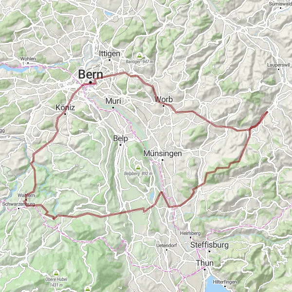 Miniatua del mapa de inspiración ciclista "Ruta de Grava Chnubel Circundante" en Espace Mittelland, Switzerland. Generado por Tarmacs.app planificador de rutas ciclistas
