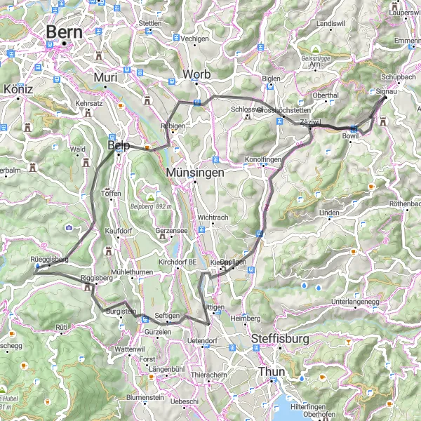 Kartminiatyr av "Signau - Spitze Chnubel - Freimettigen - Jaberg - Oberschönegg - Egg - Belp - Bowil - Signau" cykelinspiration i Espace Mittelland, Switzerland. Genererad av Tarmacs.app cykelruttplanerare