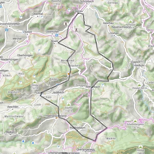 Miniatua del mapa de inspiración ciclista "Ruta de Röthenbach a Burg Neu-Signau" en Espace Mittelland, Switzerland. Generado por Tarmacs.app planificador de rutas ciclistas