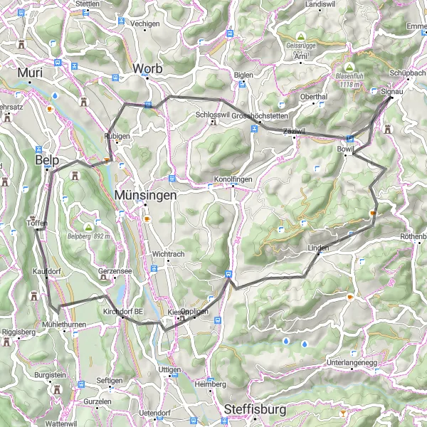 Mapa miniatúra "Okruh cez Jaberg - Zäziwil - Signau" cyklistická inšpirácia v Espace Mittelland, Switzerland. Vygenerované cyklistickým plánovačom trás Tarmacs.app