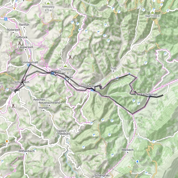 Mapa miniatúra "Okruhová cyklistická trasa cez Chrüzhöchi a Escholzmatt" cyklistická inšpirácia v Espace Mittelland, Switzerland. Vygenerované cyklistickým plánovačom trás Tarmacs.app