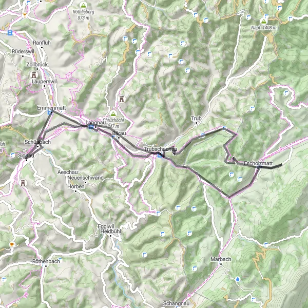 Kartminiatyr av "Sykkeltur gjennom vakker natur" sykkelinspirasjon i Espace Mittelland, Switzerland. Generert av Tarmacs.app sykkelrutoplanlegger