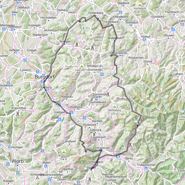 Karttaminiaatyyri "Berner Oberlandin kierros" pyöräilyinspiraatiosta alueella Espace Mittelland, Switzerland. Luotu Tarmacs.app pyöräilyreittisuunnittelijalla