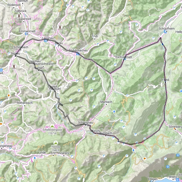 Zemljevid v pomanjšavi "Krožna kolesarska pot Langnau - Guggchnubel - Flühli - Achs - Bumbach - Burenhübeli - Signau" kolesarske inspiracije v Espace Mittelland, Switzerland. Generirano z načrtovalcem kolesarskih poti Tarmacs.app