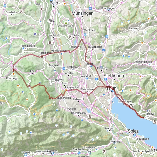 Map miniature of "Scenic Gravel Ride via Oberhofen" cycling inspiration in Espace Mittelland, Switzerland. Generated by Tarmacs.app cycling route planner