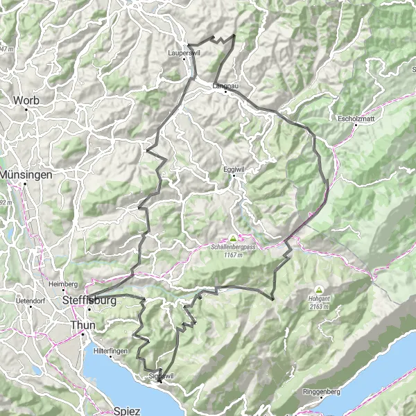 Miniatua del mapa de inspiración ciclista "Viaje panorámico por Steffisburg" en Espace Mittelland, Switzerland. Generado por Tarmacs.app planificador de rutas ciclistas